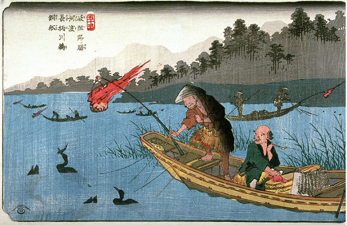 Гравюра укиё-э "Рыбалка сбакланами на р. Нагарэ", автор:  Кодо Нагаэгава