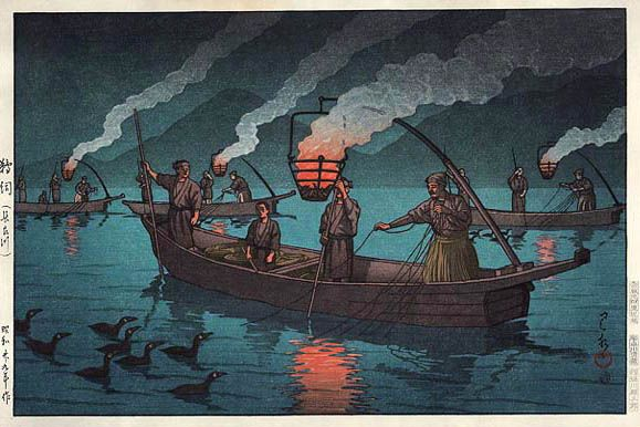 "Рыбалка с бакланами на р. Нагарэ", автор:  Кавасэ Хасуй (1954 г.)