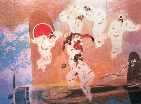 «Реквием Хиран», фреска работы Кацуёси Накая изображает шесть небесных дев, уносящих душу пилота-камикадзе (из коллекции «Хиран» Музея мира в Кагосиме)